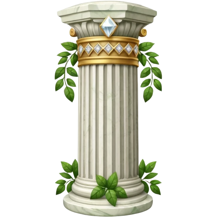 generate beautiful greek marble pillar intricate front view more beautiful with greenery wrapping around the pillar make the pillar made of diamond emoji