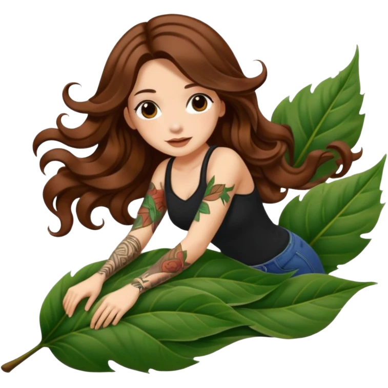 cute woman long wavy brown hair tattoos sliding down leaf emoji