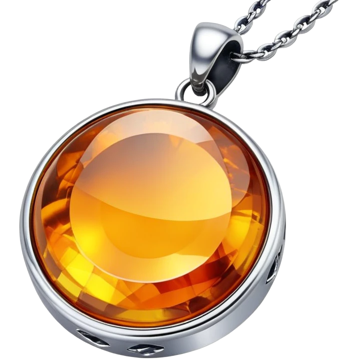 extreme close up of a round cut holographic amber charm with silver metal accent and curb chain emoji
