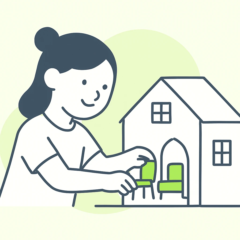 smiling girl arranging furniture in doll house emoji