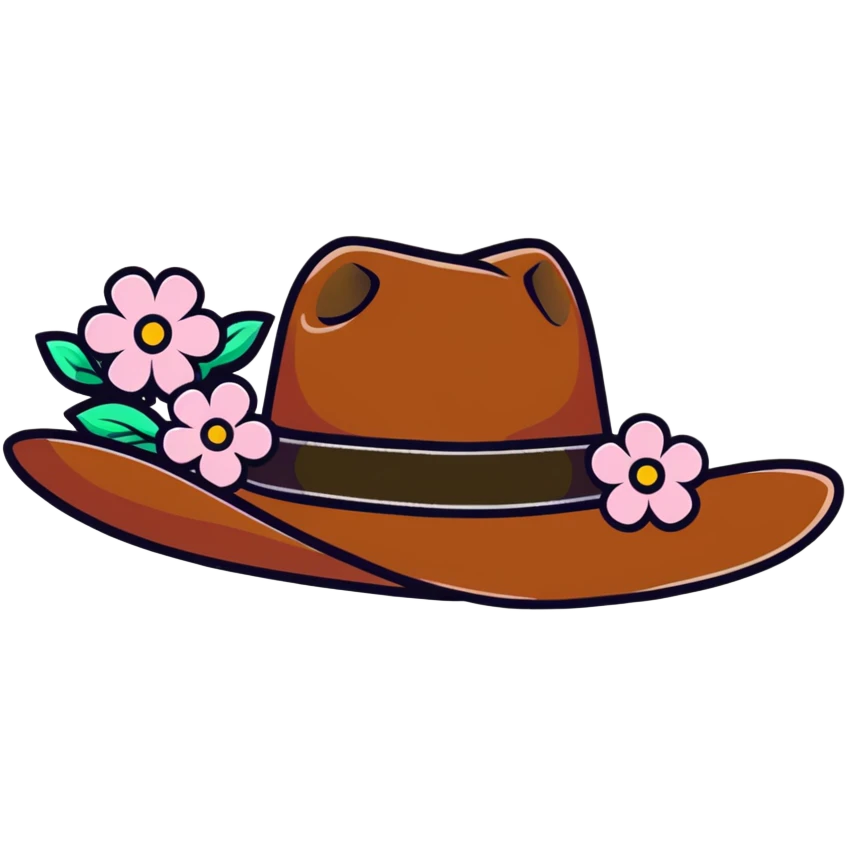 Cowgirl hat with flowers, pink and white flowers decorating a brown cowboy hat emoji