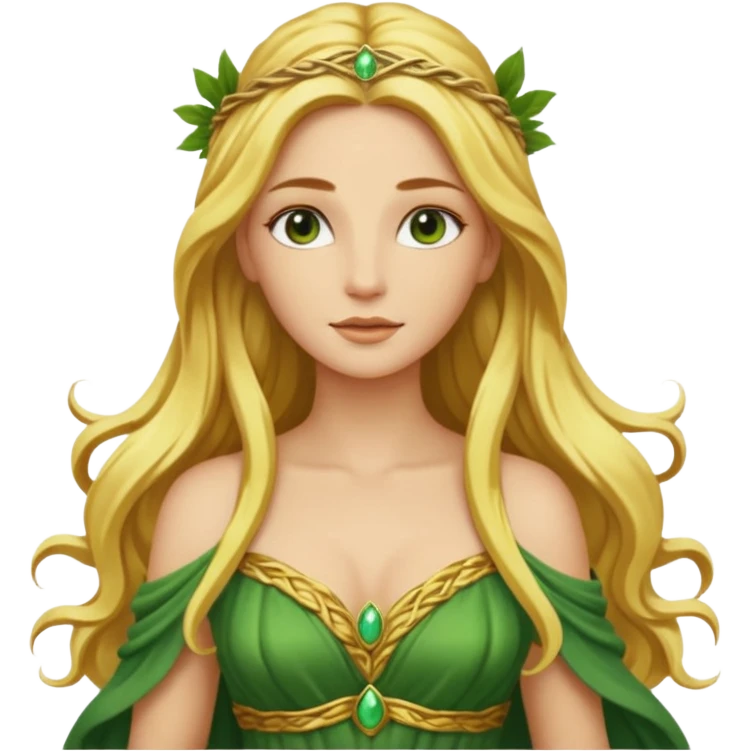 Ceres, Harvest Goddess from Rome Mythology with long golden blonde hair, green and yellow outfit, emoji