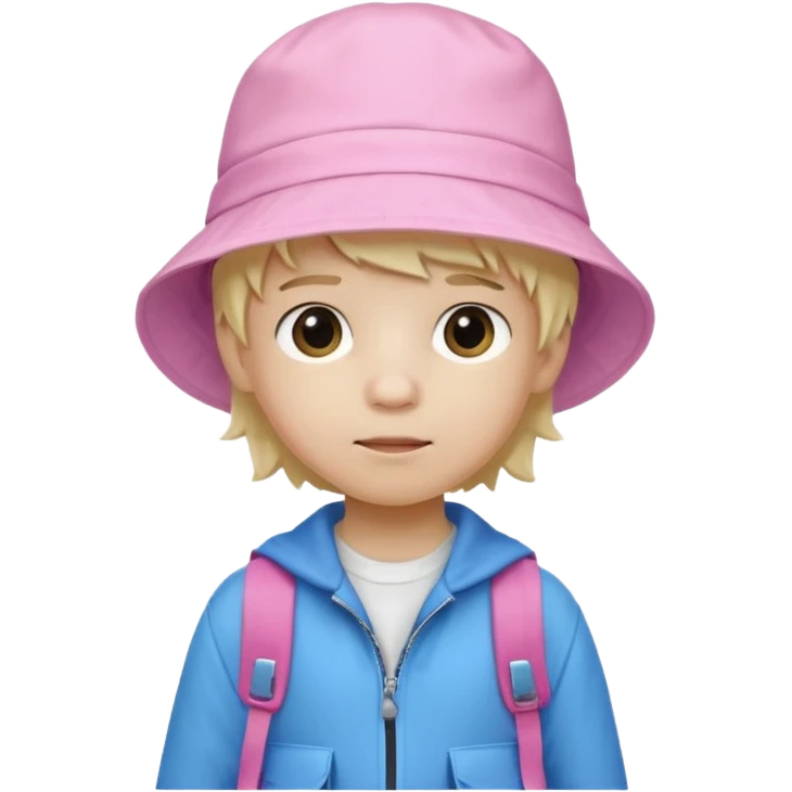 A little boy student white skin, blonde hair, with pink bucket hat, white jacket, blue backpack emoji