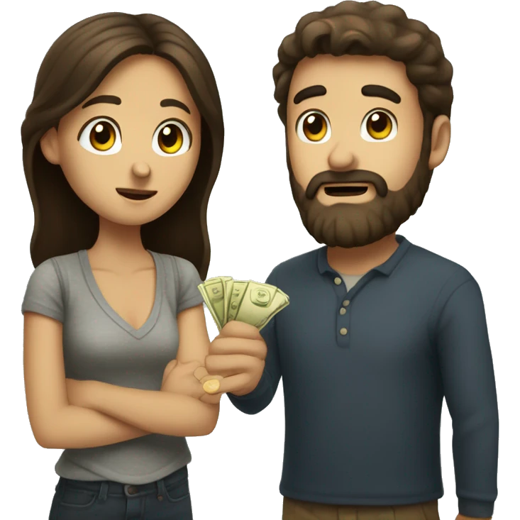 Brunette girl asking for money from her brunette boyfriend with a beard emoji