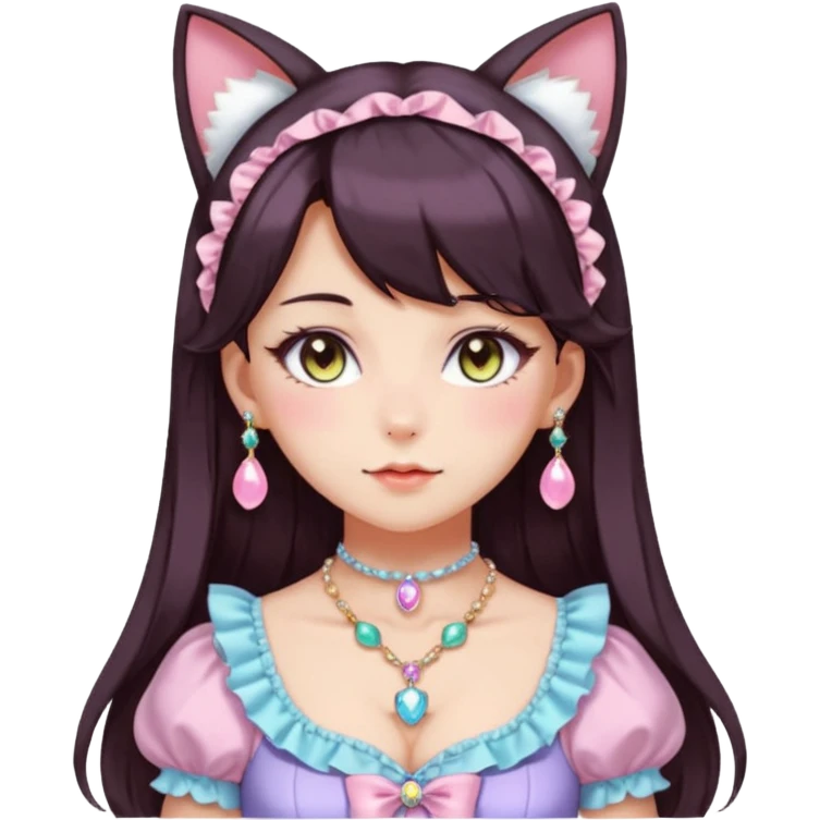 Gorgeous spectacular epic realistic mature anime-styled smooth soft shiny romantic pastel anime style lady with blushing cheeks, cat ears, long beautiful luscious stylish hair, big pretty eyes, dark-brown hair, colorful pastel Lolita dress, necklaces, jewels emoji