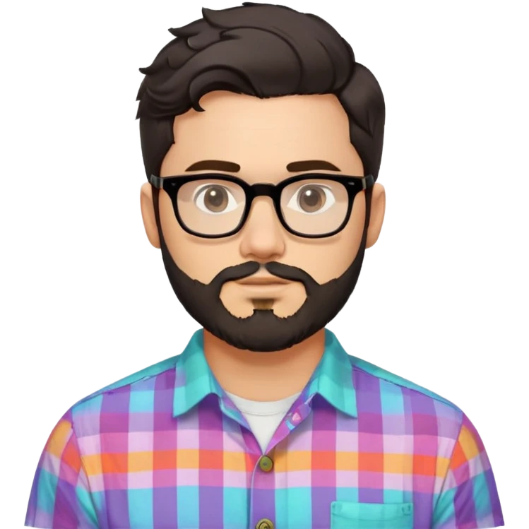 a 30-year-old man with light skin, medium solid build, wide face, soft cheeks, rounded jawline, neutral relaxed expression, short dense full beard, wavy voluminous brown-black hair at the front, large rectangular black thick frame glasses, colorful button-up shirt open showing white t-shirt emoji