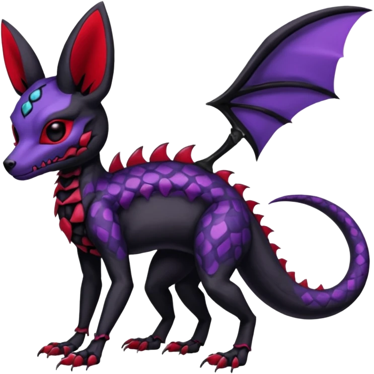Gothic Black red purple Scaley Exotic Salandit-Umbreon-Noibat-Fakémon-hybrid-creature (full body), 4 legs, skull face mask emoji