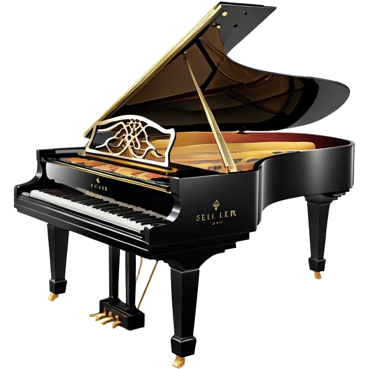 Create an elegant and detailed emoji representing the Seiler 278 Konzert grand piano. The design should feature the grand piano's polished black body with shiny, reflective surfaces, capturing its high-quality craftsmanship. The black and white keys should be clearly visible, with the curved shape of the grand piano’s body and lid, which can be slightly open. Add visible details like the pedal system, the intricate wood finish on the frame, and the elegant legs of the piano. The musical notes should float around the piano, evoking the sound of a professional concert instrument. Use deep black, white, and gold tones to highlight its luxurious appearance. The background should be transparent. emoji