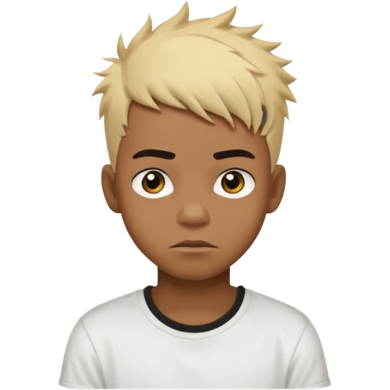 Black Male Teenager with Short punk messy blonde hair, Dark brown bushy eyebrows large expressive golden-brown eyes, wearing a plain white t-shirt, Dark Brown skin color. emoji