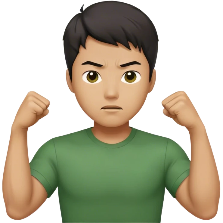 A determined Korean man in a green shirt, clenching his fist with a confident expression. Emoji-style digital illustration emoji
