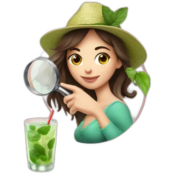 brunette girl + magnifying glass drinking mojito emoji