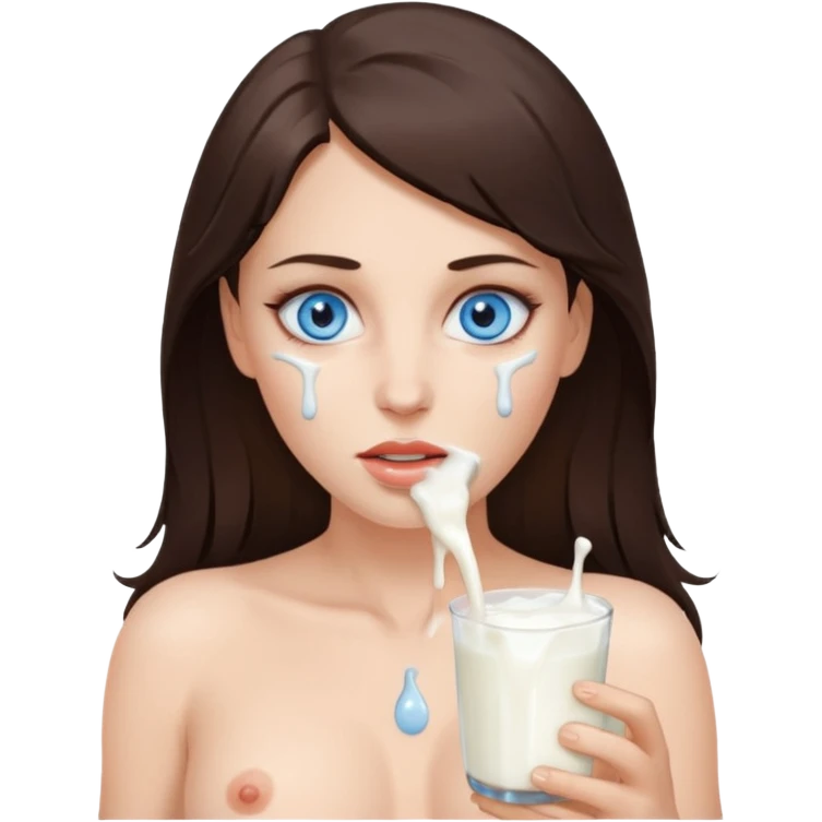 Brunette woman with blue eyes, with big naked tits with nipples, with dripping milk on her face emoji