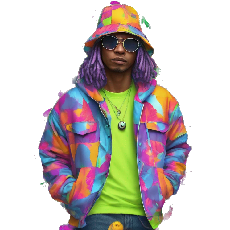 Multicoloured neon person smoking wearing patchwork patterned hippie groovy retro hoodie dancing hip hop bucket hat tropical Skater fashion aesthetic baggy clothes graphic t shirt 420 emoji