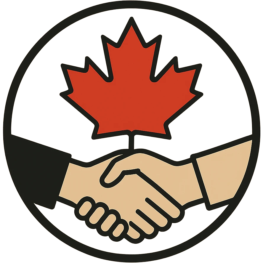 emblem representing a Canadian union, featuring a maple leaf and handshake, clean modern illustration style emoji