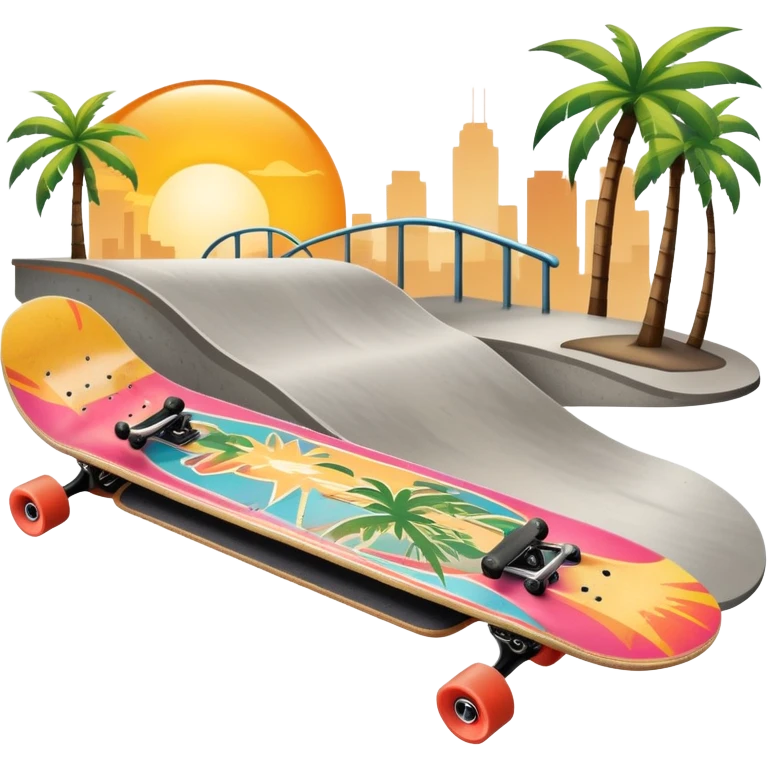 An icon featuring a skateboard resting on a smooth concrete surface. The background shows a sunny skate park with ramps, graffiti walls, and palm trees, creating an urban vibe. The skateboard is designed with vibrant colors and unique graphics. Transparent background  emoji
