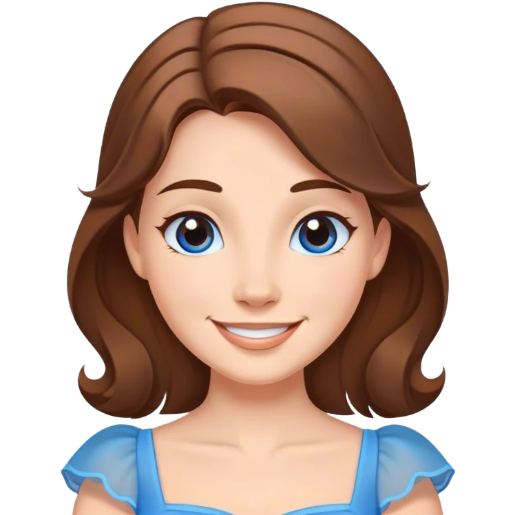 Cinematic Radiant Belle Portrait Emoji, rendered in a realistic, vector style with clean proportions. Show Belle with a warm, welcoming smile, delicate fair skin, and elegantly styled brown hair, wearing her timeless blue dress. The image radiates a soft, enchanting glow, high shine, and is enhanced by a soft glowing outline that accentuates her gentle charm. emoji