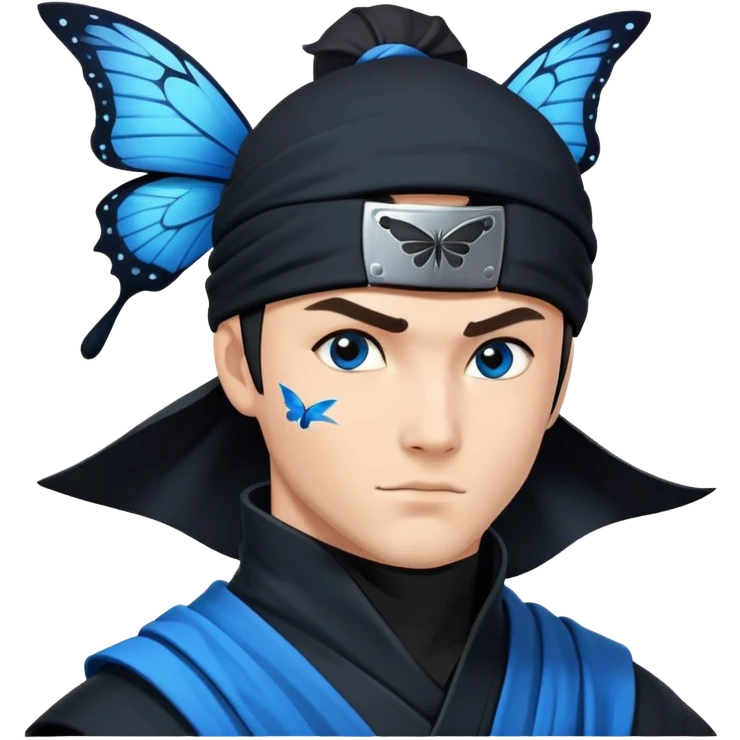Crea un emoji para usar en WhatsApp con estos dos emoji 🥷🏻🦋.
Ninja vestido de negro con la piel blanca con una mariposa azul posada en el hombro izquierdo como si estuviera volando. emoji