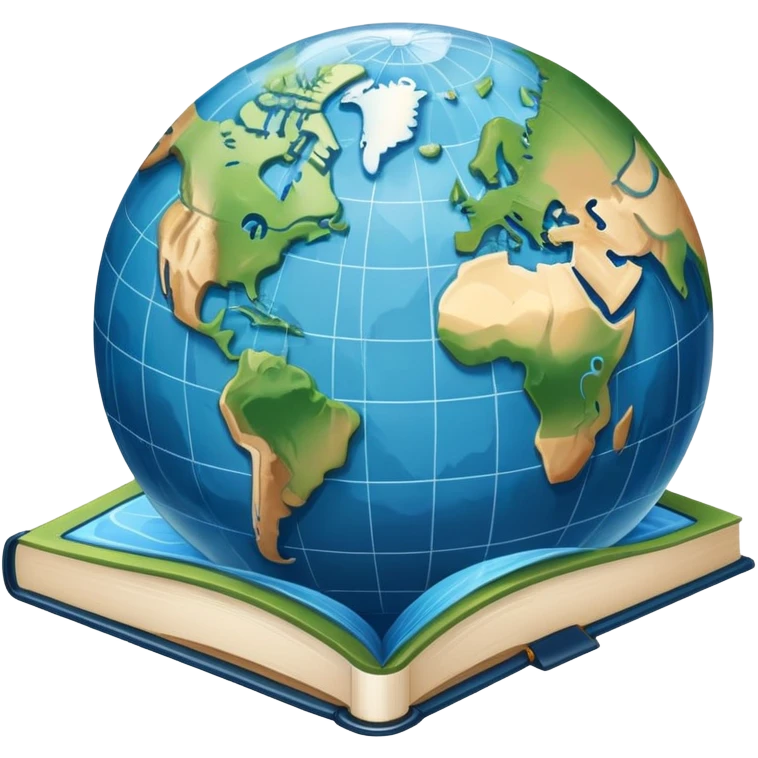an icon featuring an earth with atitude and longitude lines, a textbook, and a topographic map, symbolizing geography as a science. The design includes a compass, mountain ranges, and rivers, representing the study of Earth's features and landscapes. Transparent background highlights geography. emoji