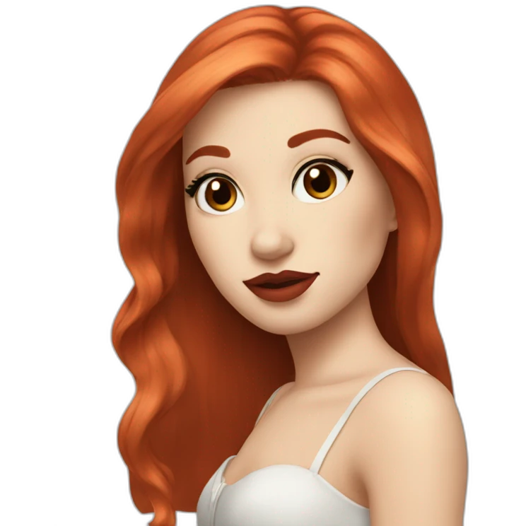 straight long red hair,red lipstick,black eyes, white skin and a small nose emoji