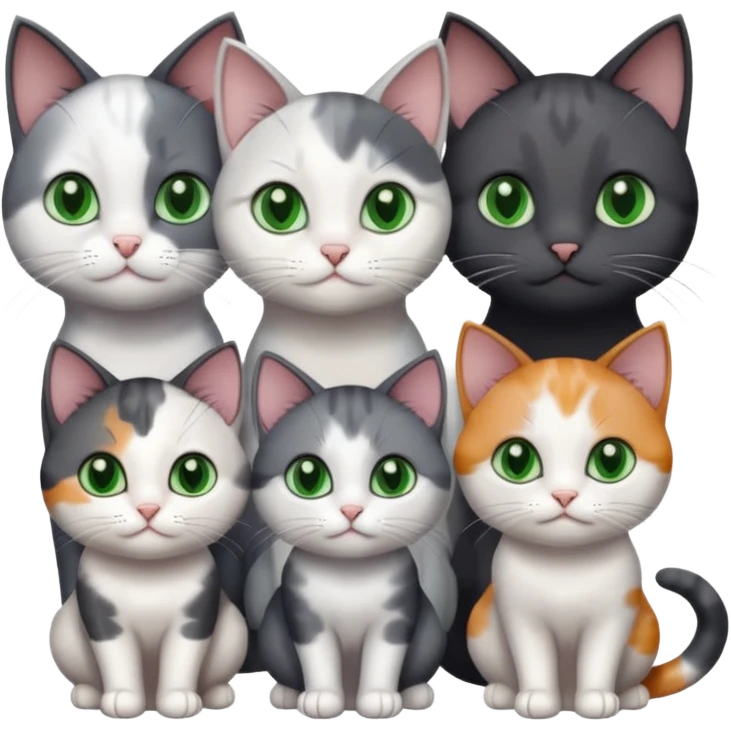 3 different coloured small cats including a dark grey and white, and a patchy calico and a completely solid dark grey with green eyes and only white paws emoji