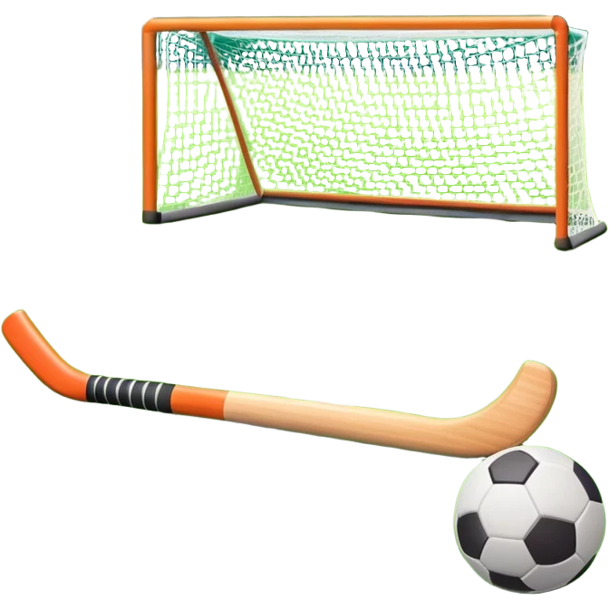 A field hockey stick and ball on a vibrant green grass field, with goalposts and clear field markings in the background. The scene emphasizes the bright, lush grass, highlighting the fast-paced and strategic nature of hockey on a well-maintained pitch. emoji