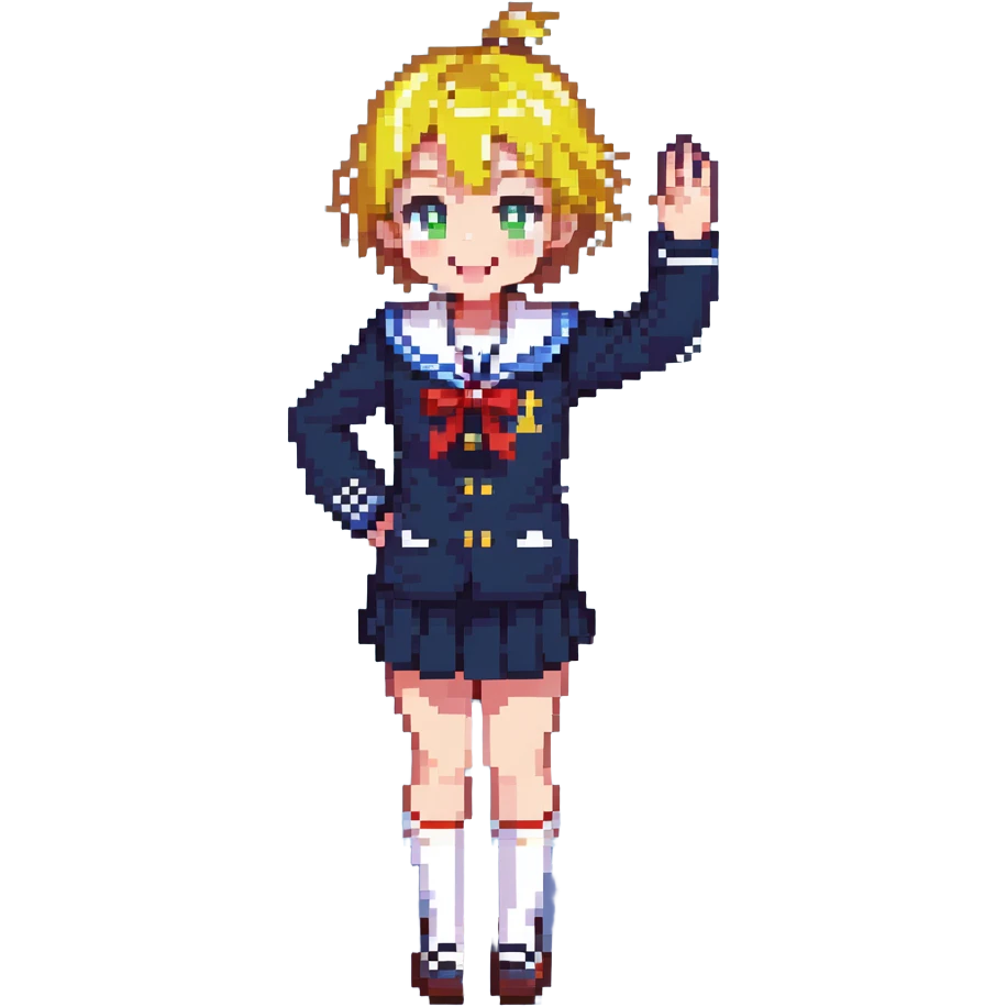Pixel art anime girl with short bright yellow hair wearing Japanese sailor style school uniform, composed posture with hand on hip but energetically waving with other hand, excited smile and happy eyes emoji