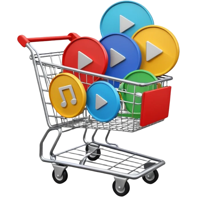 shopping cart containing several circular play button symbols, colored #DEEB52 and #102C3D emoji