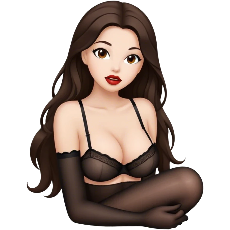 Beautiful Buxom brunette with full lips, long hair and brown eyes, intimate, sfw black nylon stocking pose emoji
