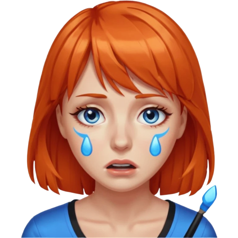 A woman with dark orange hair and bangs, blue eyes, an asmr streamer, crying, emoji