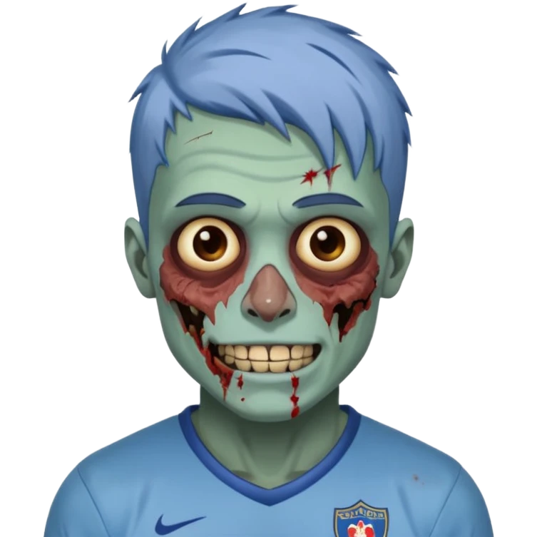 я мужчина, цвет волос пепельно синий, стрижка как у футболиста Yamal сделай меня в стиле зомби и ещё сделай с Улыбкой крутой emoji