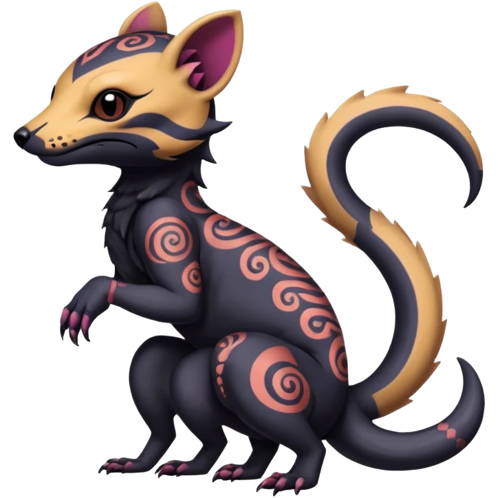 Rare warm-colored exotic gloomy tropical edgy cute epic aesthetic spooky  gothic colorful Salandit-Noibat-Civet-species-Fakemon-hybrid-creature, with tribal tattoo markings, full body emoji