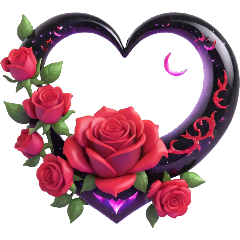 gothic heart made of obsidian glass, silver crescent moon, crimson roses, holographic stardust, neon red lightning, wet and cracked glass emoji