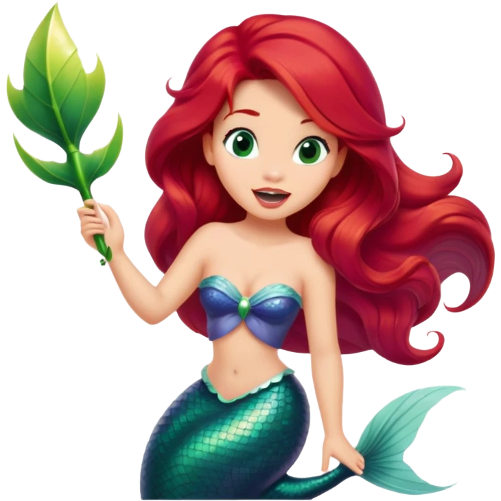Disney Ariel mermaid singing, red hair flowing, green tail emoji