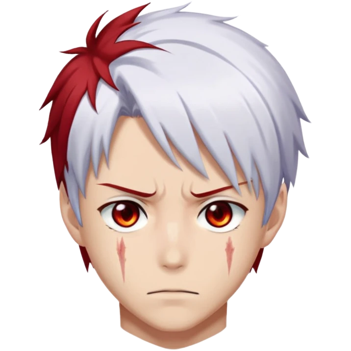 Shoto Todoroki face only, left side white hair, right side red hair, heterochromatic eyes, burn scar on left side of face, serious expression emoji