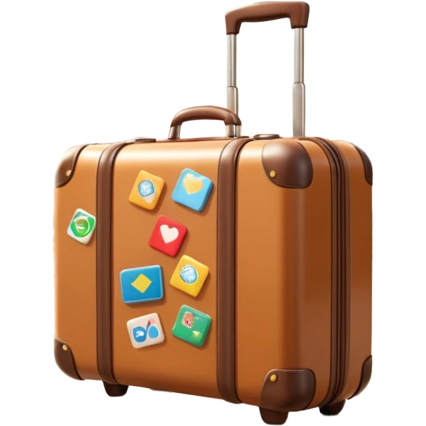 A 3D cartoon suitcase placed on the ground with travel stickers, soft sunlight, warm tone, realistic Memoji-style design. emoji