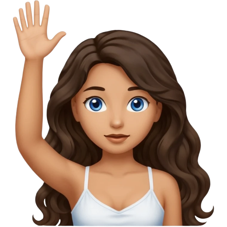 Girl with olive skin, blue eyes, brown dark insanely wavy long hair, white camisole, raising hand emoji