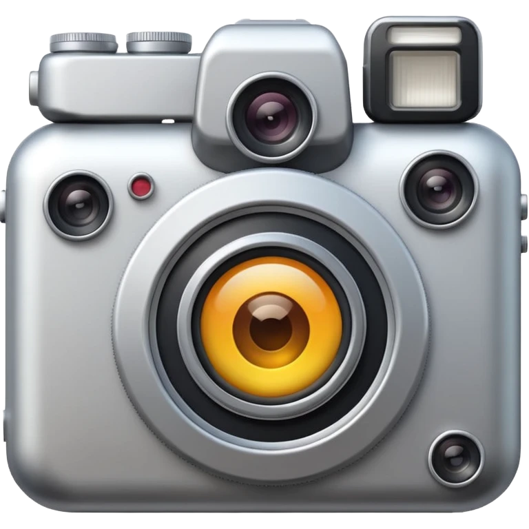 Minimal emoji icon of a modern metalic camera, front view, simple shapes, realistic lens,  emoji