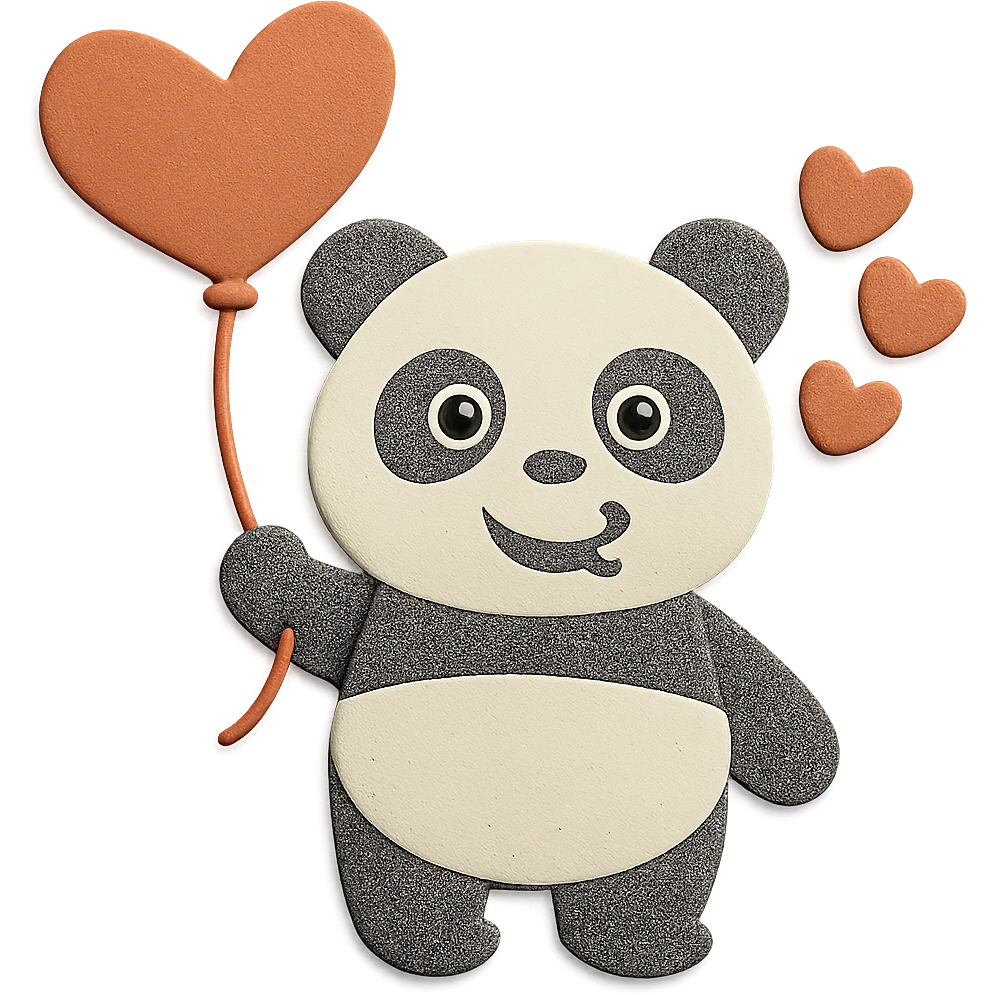 Make the panda's eyes look normal (open and happy), keep the design, pose, heart-shaped balloon, hearts, and paper-craft style unchanged emoji
