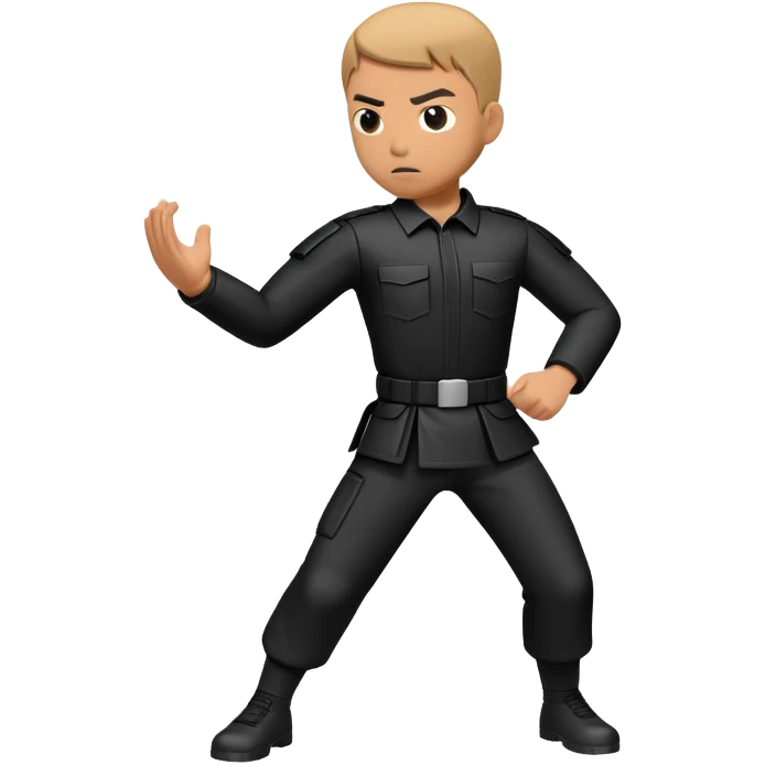 A tactical Krav Maga figure in black uniform, blocking an attack with a defensive arm motion, serious expression, symbolizing real-world combat, minimal but strong design emoji