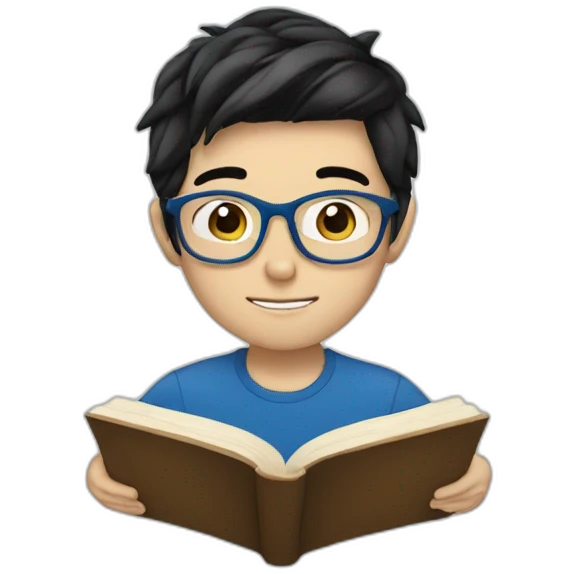 White Boy with chinese black hair wearing blue glasses reading a book emoji