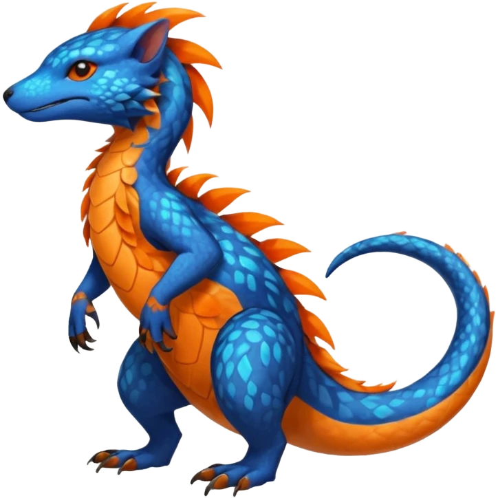 Colorful brown with blue and orange tropical exotic shiny beautiful fantasy-Salandit-Cacomistle-oncilla-animal-Fakémon-hybrid-fursona (full body) emoji