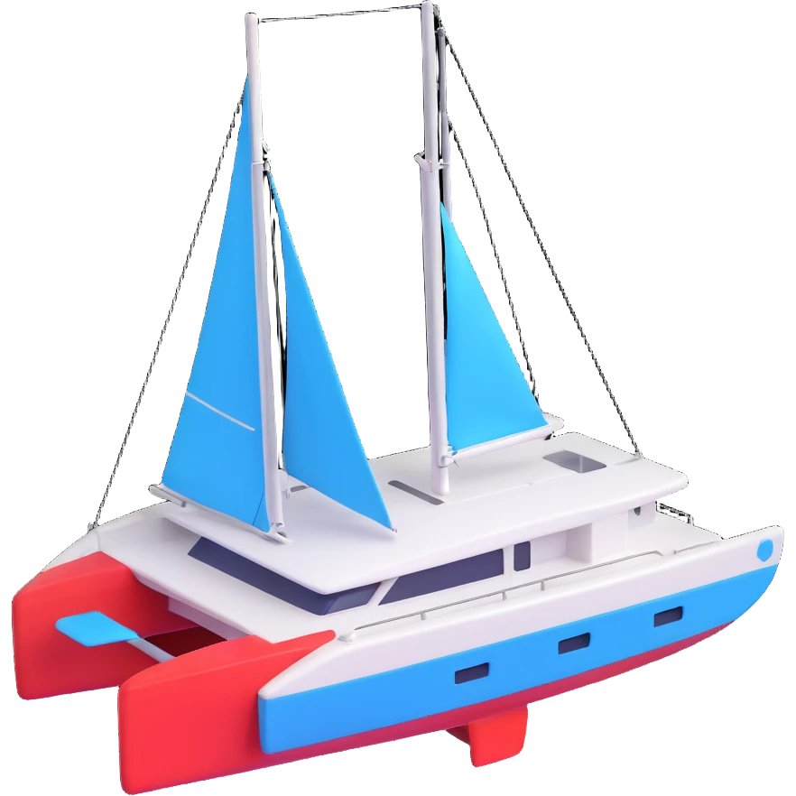A catamaran with a white background. No wording or lettering on the boat.  emoji