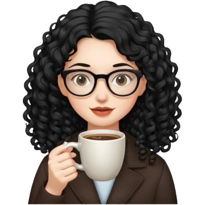 Girl curly long black hair wearing glass with drinking coffee emoji