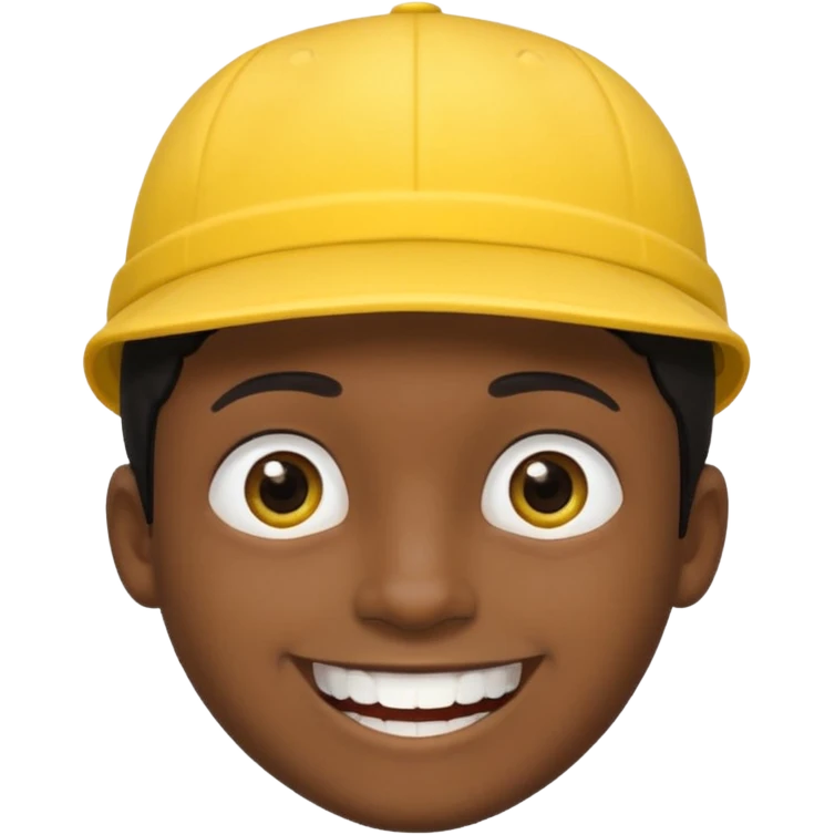 A man with dark skin tone, wearing a bright yellow cap, short black hair mostly covered by the cap, large brown eyes, and a wide smile showing his teeth. emoji