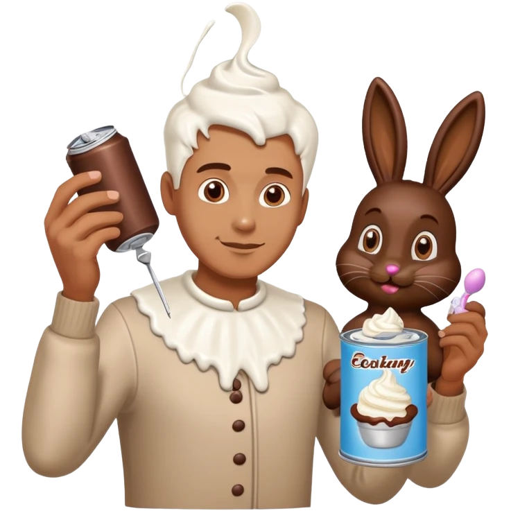 Man putting whip cream from a can on a chocolate Easter bunny  emoji