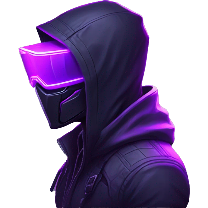 Side view developer behind his laptop with this style : crysis Cyberpunk Valorant neon glowing bright purple character purple violet black hooded assassin themed character emoji