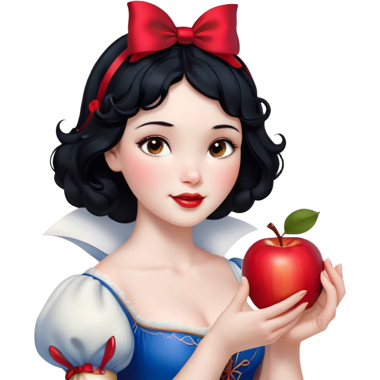 Cinematic Realistic Snow White Portrait, depicted with lifelike skin texture, soft natural lighting, and intricately detailed black hair styled with a red ribbon. Her soft brown eyes radiate innocence and kindness, complemented by a warm, gentle smile. She holds an apple in one hand, her other hand resting against her cheek, embodying her purity and charm. She is dressed in her classic yellow, blue, and red gown, the fabric rich in texture with delicate folds that catch the light beautifully. The portrait features a soft, natural glow with a radiant finish, capturing the essence of timeless beauty in a realistic and painterly style. emoji