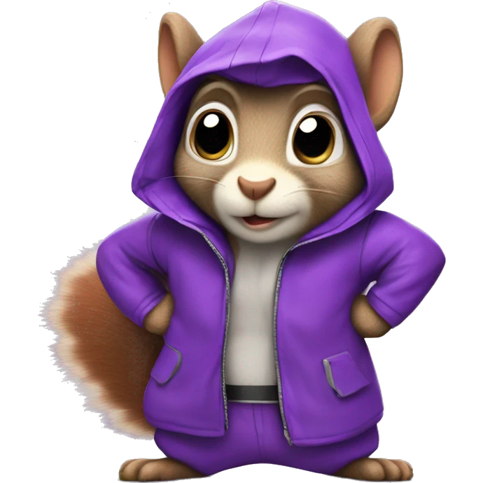 cute cartoon squirrel, wearing a purple super hero jacket with G emoji