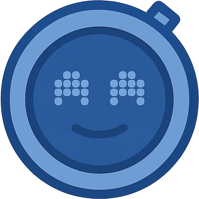 Create a minimalistic, flat blue icon of the Main Assembly robot character focusing on the floating head only, no limbs or body. Use almost exclusively shades of blue with clean and simple lines, a stylized round blue head with a digital face. Prioritize clarity and recognizability with minimal use of other colors and a fully transparent background. emoji