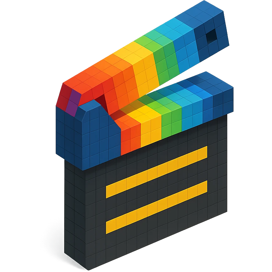 voxel style movie clapperboard with rainbow stripes, isometric view emoji